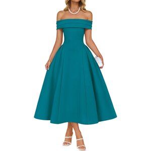 Women's Teal Elegant Off Shoulder Short Sleeve Swing A Line Midi Dress